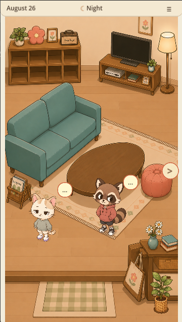 Cozy mobile game prototype showing two characters in a living room